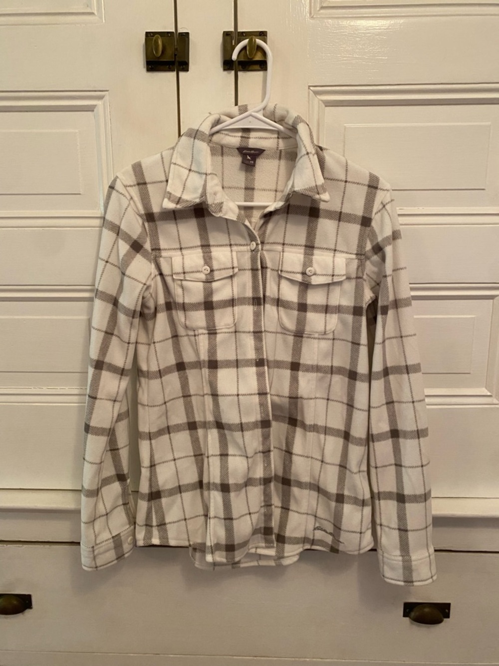 Eddie Bauer Cream & Taupe Plaid Teddy Fleece Jacket